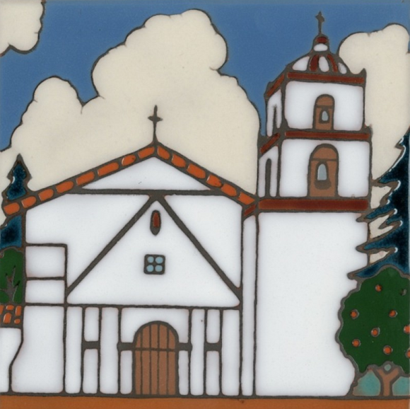 Ceramic tile with original art image of Mission San Buenaventura hand painted then kiln 