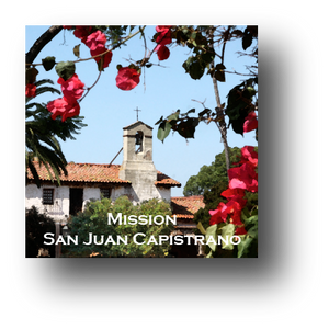 Small square ceramic tile with magnet and an original image of the Bell Tower at Mission San Juan Capistrano (San Juan Capistrano)