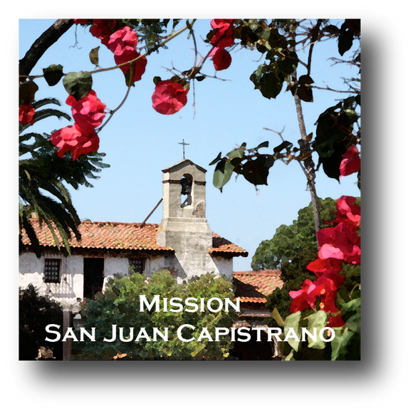 Large square ceramic tile with magnet and an original image of the Bell Tower at Mission San Juan Capistrano (San Juan Capistrano)