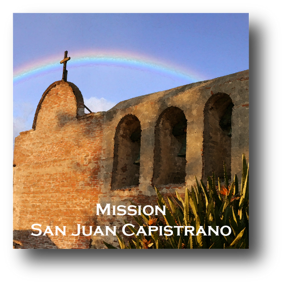 Large square ceramic tile with magnet and an original image of a rainbow over Mission San Juan Capistrano (San Juan Capistrano)
