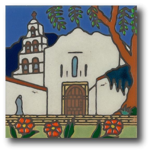 Ceramic tile with original art image of Mission San Diego de Alcala hand painted then kiln fired creating vivid, jewel-like colors. American made, hand crafted tile has a hardboard back making it suitable as a trivet, original wall art or without the backing, several can be combined to form a tile mosaic back splash.