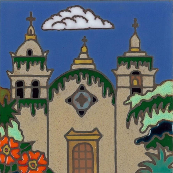 Ceramic tile with original art image of Mission San Carlos Borromeo de Carmelo (Carmel) hand painted & kiln fired creating vivid, jewel-like colors. American made, hand crafted tile has a hardboard back usable as a trivet, original wall art or without the backing, combine several to form a tile mosaic back splash.