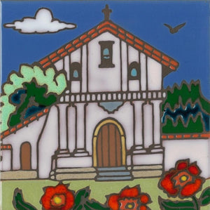 Ceramic tile with original art image of Mission San Francisco de Asis (Dolores) hand painted & kiln fired creating vivid, jewel-like colors. American made, hand crafted tile has a hardboard back making it suitable as a trivet, original wall art or without the backing,  combine several to form a tile mosaic back splash.