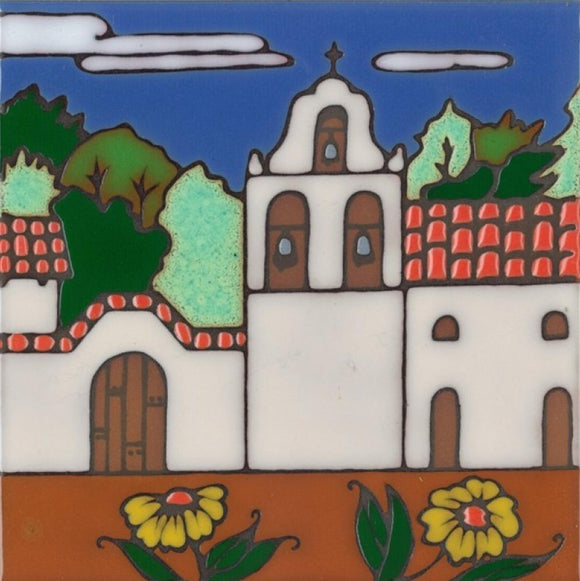 Ceramic tile with original art image of Mission La Purisima Concepcion hand painted & kiln fired creating vivid, jewel-like colors. American made, hand crafted tile has a hardboard backing making it suitable as a trivet, original wall art or without the backing,  combine several to form a tile mosaic back splash.