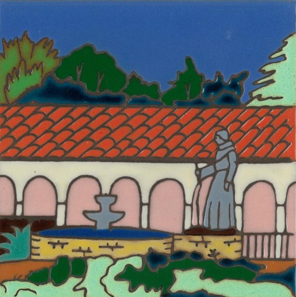 Ceramic tile with original art image of Mission San Fernando Rey de Espana hand painted then kiln fired creating vivid, jewel-like colors. American made, hand crafted tile has a hardboard back suitable as a trivet, original wall art or without the backing, several can be combined to form a tile mosaic back splash.