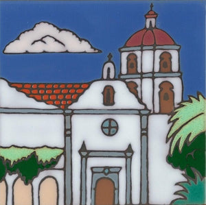 Ceramic tile with original art image of Mission San Luis Rey de Francia hand painted & kiln fired creating vivid, jewel-like colors. American made, hand crafted tile has a hardboard backing making it suitable as a trivet, original wall art or without the backing,  combine several to form a tile mosaic back splash.