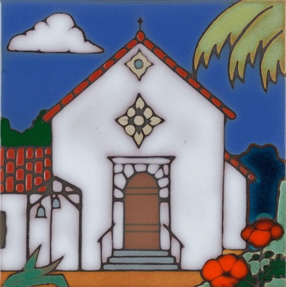 Ceramic tile with original art image of Mission San Rafael Arcangel hand painted & kiln fired creating vivid, jewel-like colors. American made, hand crafted tile has a hardboard backing making it suitable as a trivet, original wall art or without the backing,  combine several to form a tile mosaic back splash.