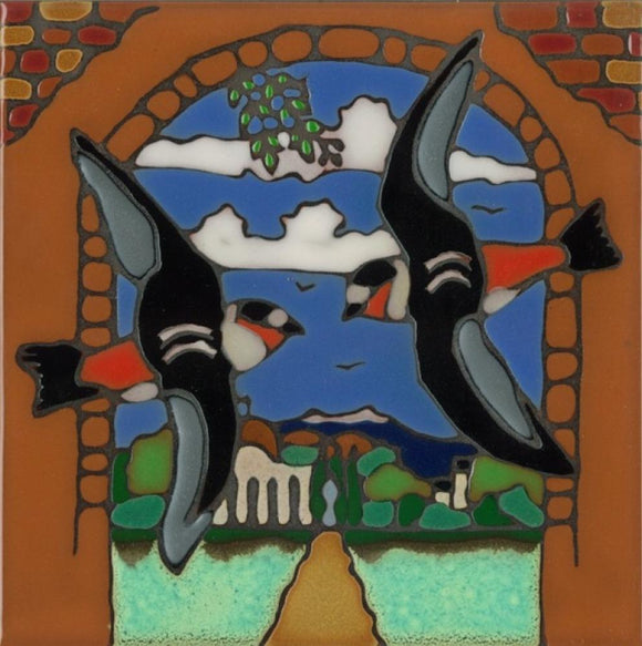 Ceramic tile with original art image of Mission San Juan Capistrano Swallow hand painted & kiln fired creating vivid, jewel-like colors. American made, hand crafted tile has a hardboard backing making it suitable as a trivet, original wall art or without the backing,  combine several to form a tile mosaic back splash.