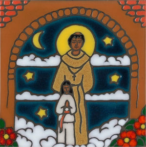 Square ceramic tile with original image of Fr. Junipero Serra.  These 6” x 6” ceramic tiles are all original art designs which are individually hand painted then kiln "fired" to 1800 degrees until the vivid, jewel-like colors emerge. These American made, hand crafted original art tiles have a hardboard backing making them suitable as a kitchen tile trivet or original wall art. With the backing removed, several of them can be combined together to form a tile mosaic for use as a back splash.
