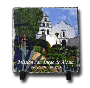 A square slate with an original image of Mission San Diego de Alcala (San Diego) in a stunning and natural presentation.