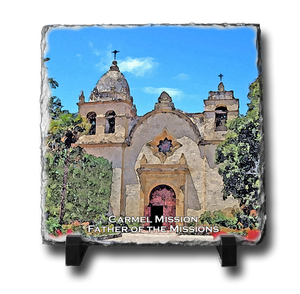 A square slate with an original image of Mission San Carlos Borromeo de Carmelo (Carmel) in a stunning and natural presentation.