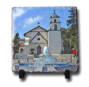 A square slate with an original image of Mission San Buenaventura (San Buenaventura) in a stunning and natural presentation.