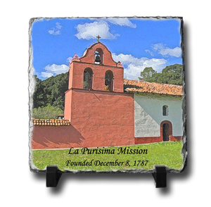 A square slate with an original image of Mission La Purisima Concepcion (La Purisima) in a stunning and natural presentation.