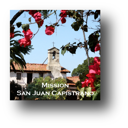 Small square ceramic tile with magnet and an original image of the Bell Tower at Mission San Juan Capistrano (San Juan Capistrano)