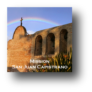 Small square ceramic tile with magnet and an original image of a rainbow over Mission San Juan Capistrano (San Juan Capistrano)