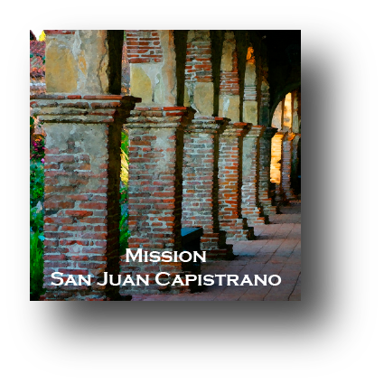 Small square ceramic tile with magnet and an original image of the Arches at Mission San Juan Capistrano (San Juan Capistrano)