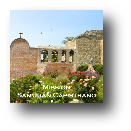 Small square ceramic tile with magnet and an original image of the Bell Wall at Mission San Juan Capistrano (San Juan Capistrano)