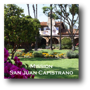 Large square ceramic tile with magnet and an original image of the Gardens at Mission San Juan Capistrano (San Juan Capistrano)