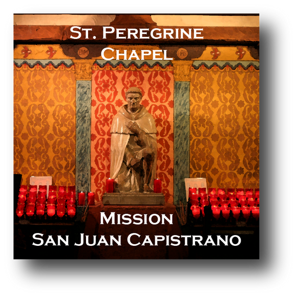 Large square ceramic tile with magnet and an original image of the St. Peregrine Chapel at Mission San Juan Capistrano (San Juan Capistrano)