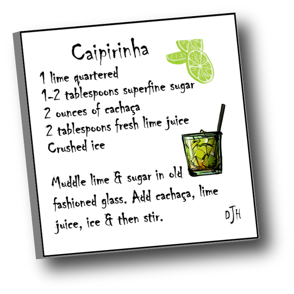 Large square ceramic tile with magnet featuring a recipe for a Caipirinha (National drink of Brazil)