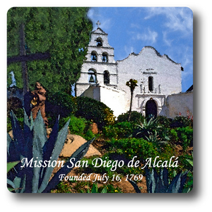 Square Aluminum Magnet with rounded corners and an original image of the Mission San Diego de Alcala (San Diego)