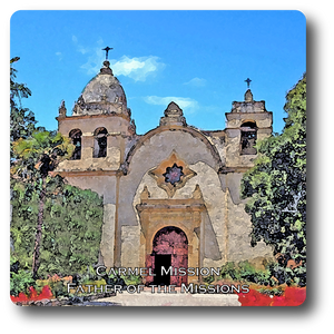 Square Aluminum Magnet with rounded corners and an original image of the Mission San Carlos Borromeo de Carmelo (Carmel)