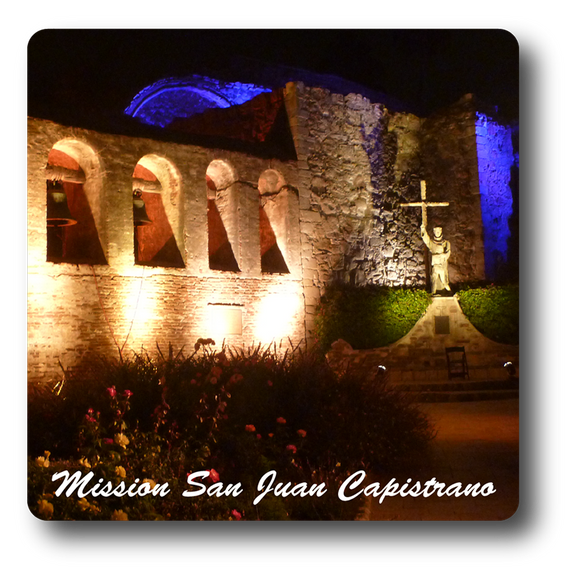 Square Aluminum Magnet with rounded corners and an original image of the Bell Wall at Night at Mission San Juan Capistrano (San Juan Capistrano)