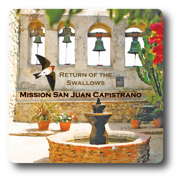 Square Aluminum Magnet with rounded corners and an original image of the Sacred Garden at Mission San Juan Capistrano (San Juan Capistrano)