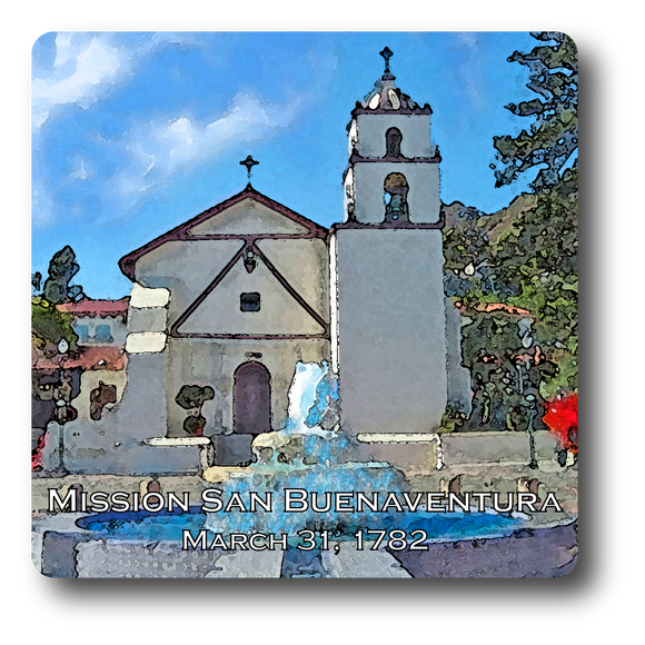 Square Aluminum Magnet with rounded corners and an original image of the Mission San Buenaventura (San Buenaventura)