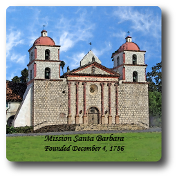 Square Aluminum Magnet with rounded corners and an original image of the Mission Santa Barbara.