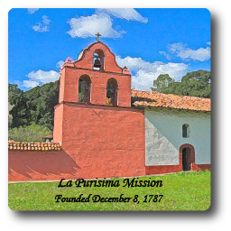 Square Aluminum Magnet with rounded corners and an original image of the Mission La Purisima Concepcion (La Purisima).