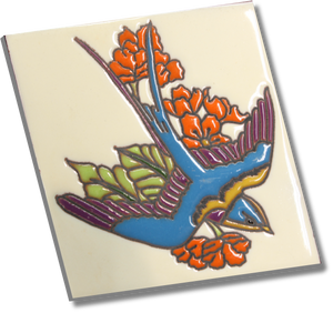 Ceramic Swallow Tile, 4" x 4", Cream Colored Background with 1 Capistrano Swallow