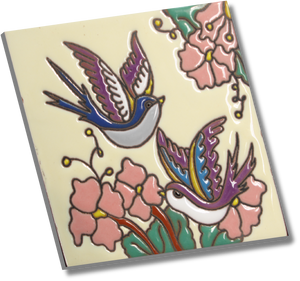 Ceramic Swallow Tile, 4" x 4", Cream Colored Background with 2 Capistrano Swallows