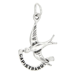 Sterling Silver swallow charm/pendant with "Capistrano" banner.  Material: Sterling Silver .925 Finsih: Oxidized Natural Silver Dimensions: Approximately 18 mm height X 15 mm width (0.71 inch x 0.59 inch) Weight: Approximately 1.2 grams