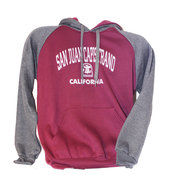 Mission San Juan Capistrano Hooded Pullover Sweatshirt  Two-Tone Burgundy/Grey